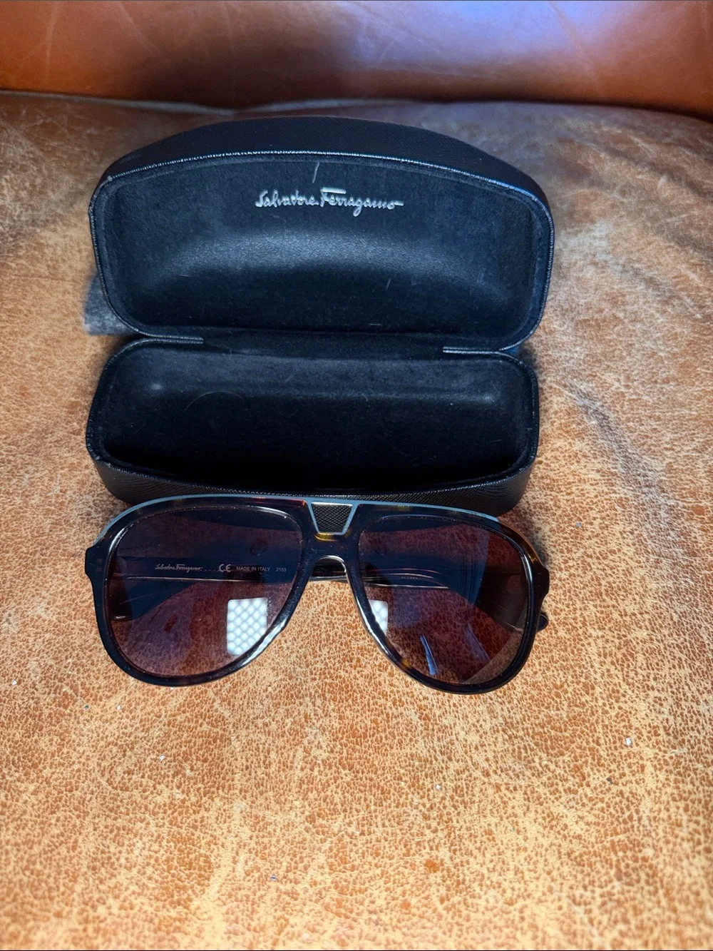 Salvatore Ferragamo Black and Brown Sunglasses with Branded Case